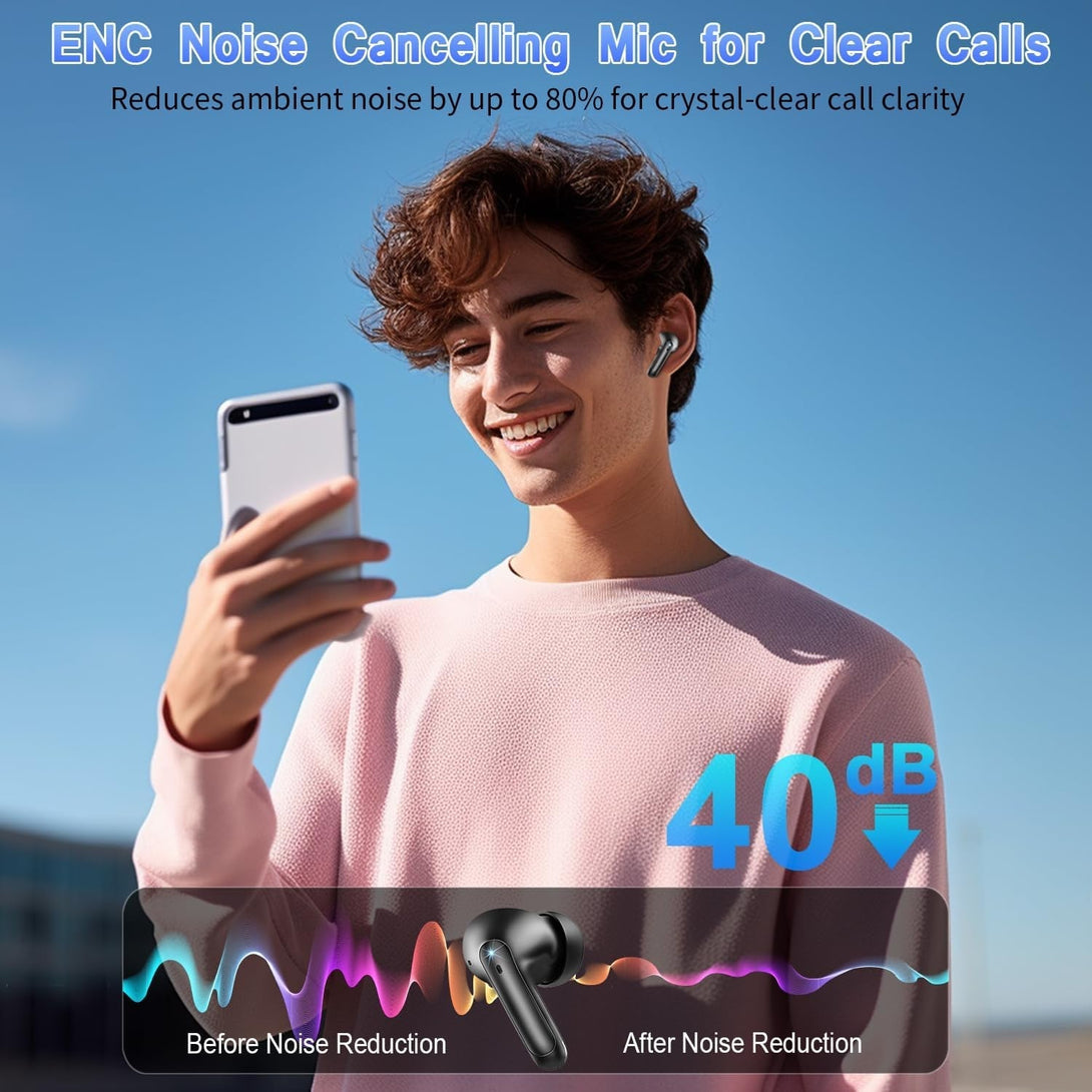 Wireless Earbuds,2025 Bluetooth 5.3 Headphones in Ear with 4 HD Microphone, 56H Playtime, HIFI Stereo in Ear Earphones, IPX7 Waterproof Bluetooth Earbuds, LED Display, USB-C, Sport/Work/Leisure/Black