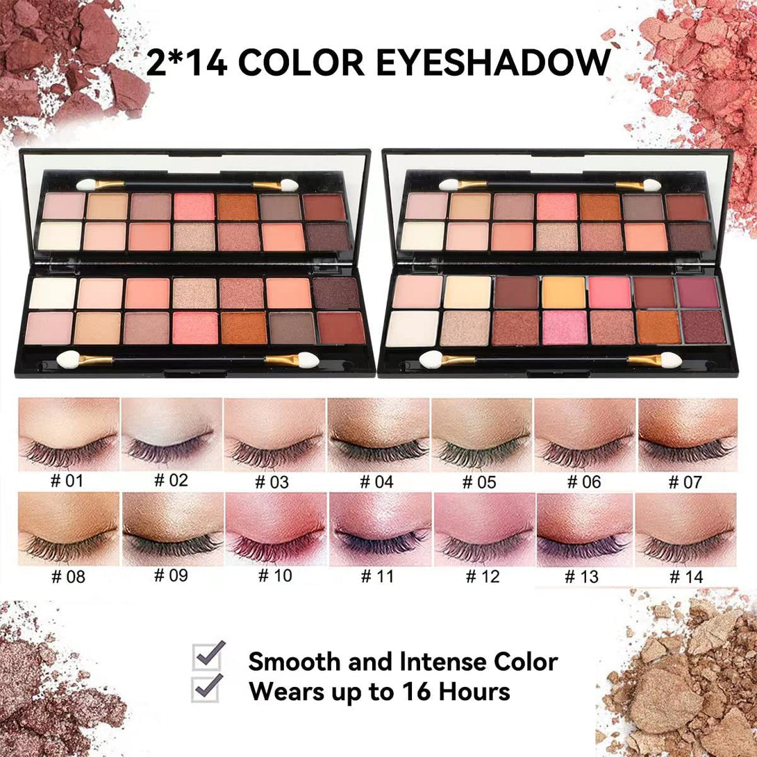 All in One Makeup Gift Set for Women Full Kit For2X14-Color Eyeshadow Palettes,5Xlipgloss Sets,Mascara,Eyeliner,Eyebrowpowder,Eyebrow Pencil, Foundation, Highlighter Stick Etc