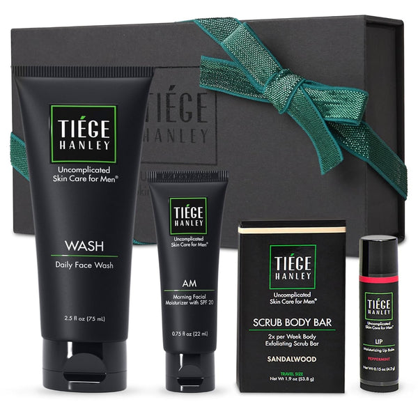 Tiege Hanley Mens Skin Care Gift Box Set, Bronze - Men'S Skincare Set Includes Face Wash, Facial Moisturizer with SPF 20 Sunscreen, Body Exfoliating Scrub Bar, & Moisturizing Lip Balm