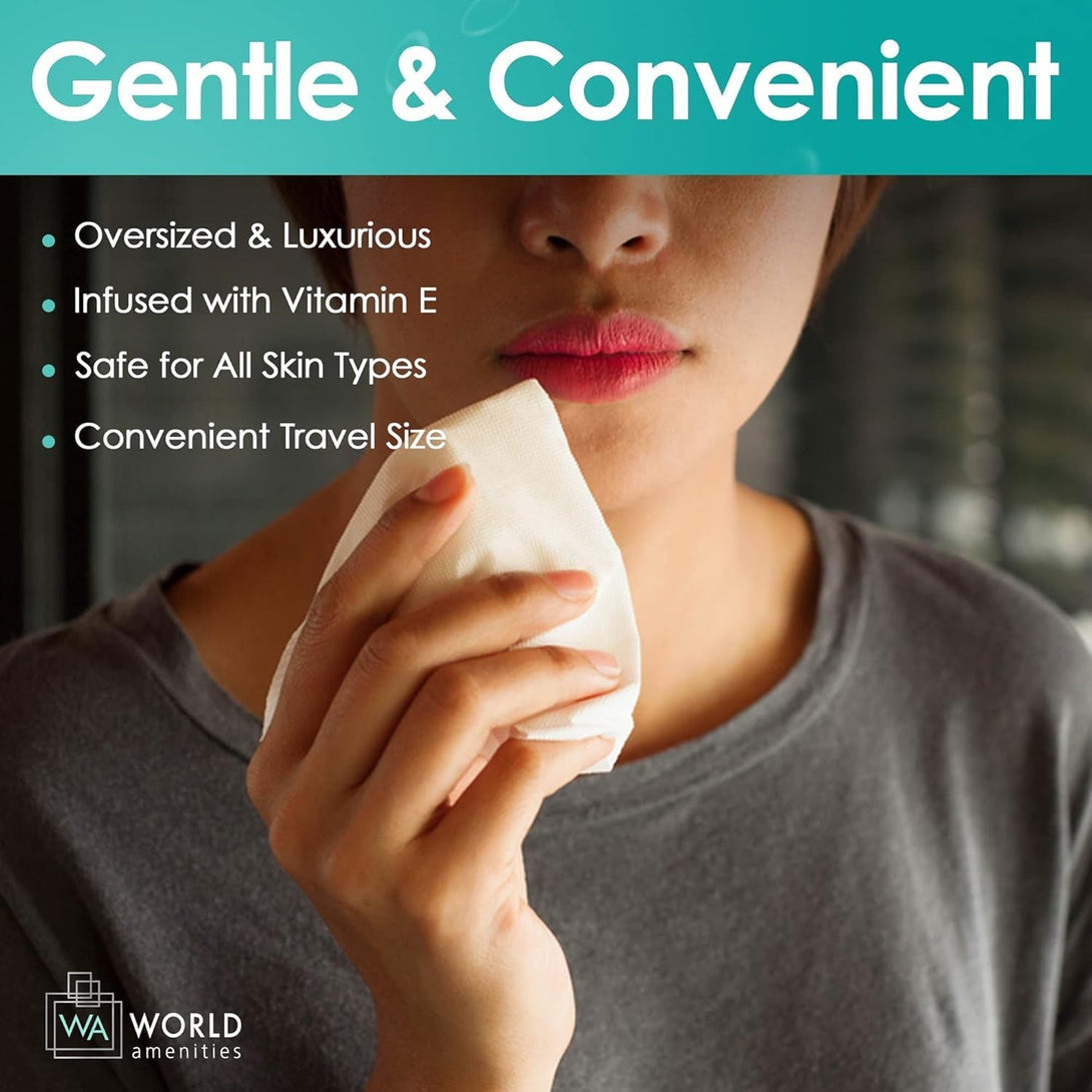 Bulk Makeup Remover Wipes | 50 Count | Individually Wrapped, Gentle Cleansing, Alcohol Free - All Skin Types - Vitamin E - 100% Recyclable, Hotel Travel Size Toiletries