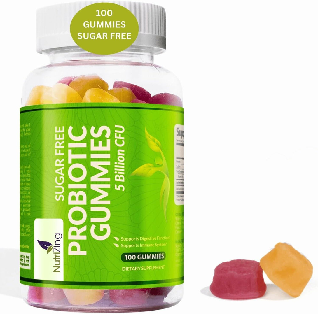 Nutrizing Sugar Free Probiotic Gummies for Women & Men - Fruit Flavored Chewable Probiotic Gummy - Probiotics for Digestive Health - Immune Support & Gut Health Supplement - 100 Count, 5 Bn CFU