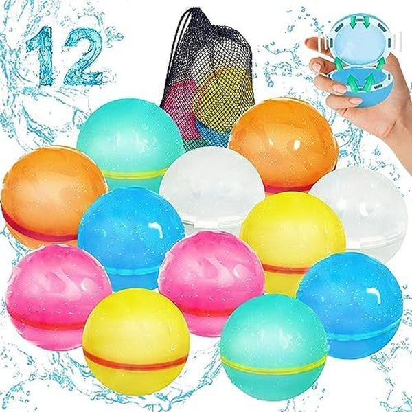 (12 PCS) WATER BALLOONS REUSABLE Silicone Magnetic Self Seal Water Bomb Quick Easy No Mess Backyard Pool Beach Camp Retreats Summer Splash Kids Teens Adults Outdoor Activities - Premium Quality!