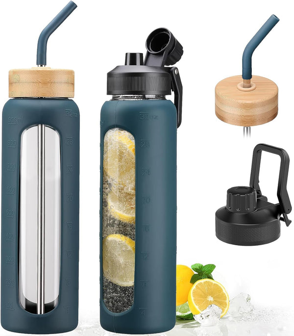 32Oz Glass Water Bottle with Straw and 2 Lids- Bamboo and Handle Spout Lid, Glass Drinking Bottles with Silicone Sleeve Motivational Time Marker for Gym, Sports,Cup Holder, Dark Blue