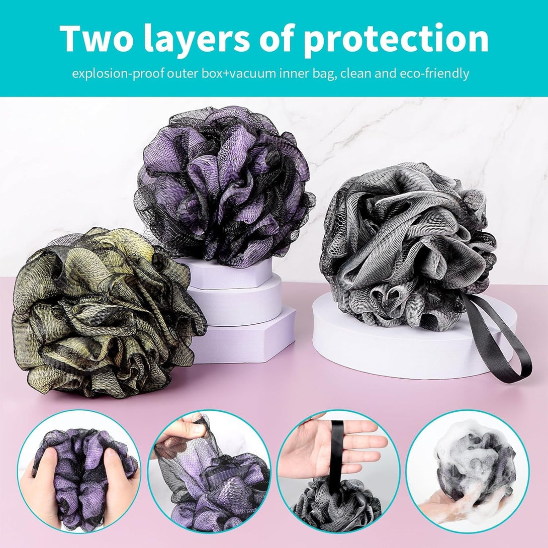 Bath Loofah Shower Sponge Body Back Scrubber Soft Mesh Shower Puffs Exfoliating Loofa for Women & Men Bath Accessories Cleaning Tool (Pack of 4 60G Loofah, Dark Elf)