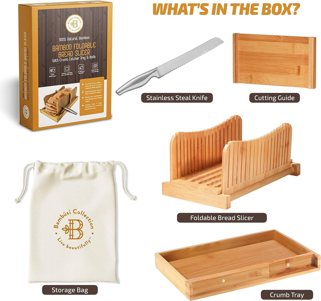 Bambüsi Bread Slicer for Homemade Bread - Bamboo Bread Cutter with Knife, Foldable Slicing Guide, Crumb Tray - Compact Bread Loaf Slicer for Cakes, Bagels, Loaves - Kitchen Gadget & Gifts