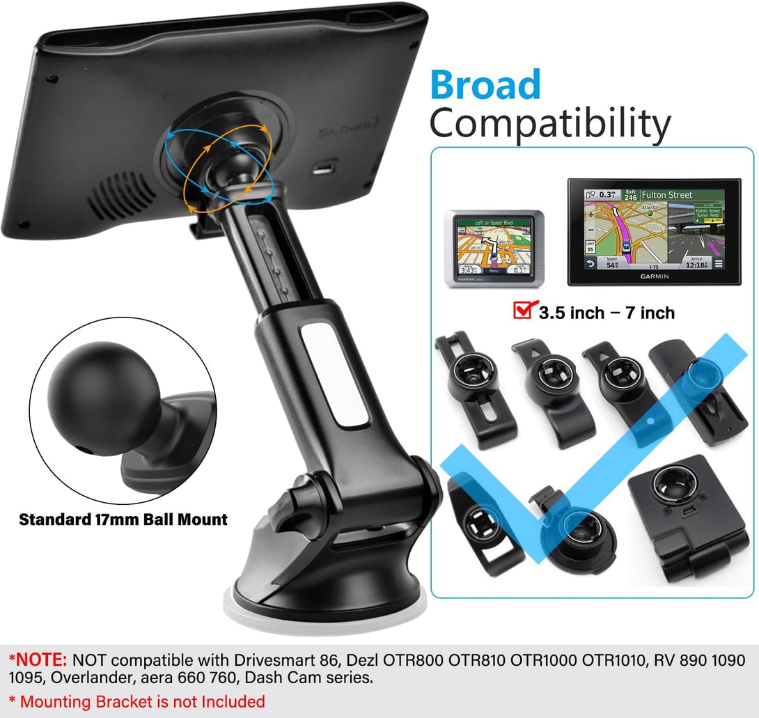 1Zero GPS Suction Cup Mount for Garmin [Quick Extension Arm], Replacement GPS Dash Ball Mount Dashboard Windshield Car Holder for Garmin Nuvi Dezl Drive Drivesmart Zumo Driveassist Driveluxe RV