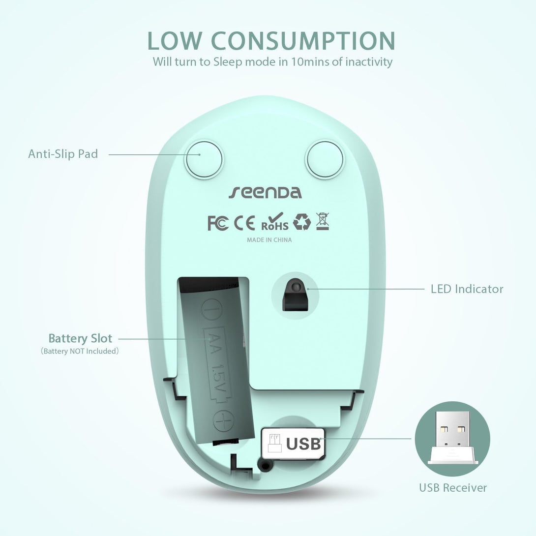 Seenda Wireless Mouse, 2.4G Noiseless Mouse with USB Receiver - Portable Computer Mice for PC, Tablet, Laptop with Windows System - Mint Green