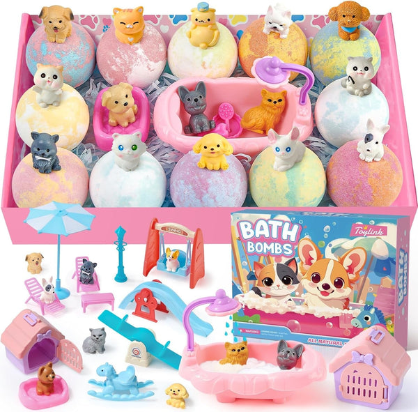 Bath Bombs for Kids with Surprise inside for Girls Boys, 12 Pack Kids Bath Bombs with Dog & Cat Toys Pretend Playset Handmade Bubble Bath Fizzies Birthday Christmas Gift Set