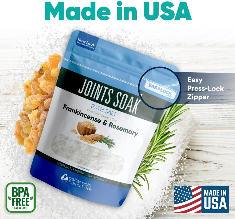 Joints Soak Bath Salt 32 Ounces Epsom Salt with Natural Rosemary, Frankincense and Peppermint Essential Oils plus Vitamin C in BPA Free Pouch with Easy Press-Lock Seal