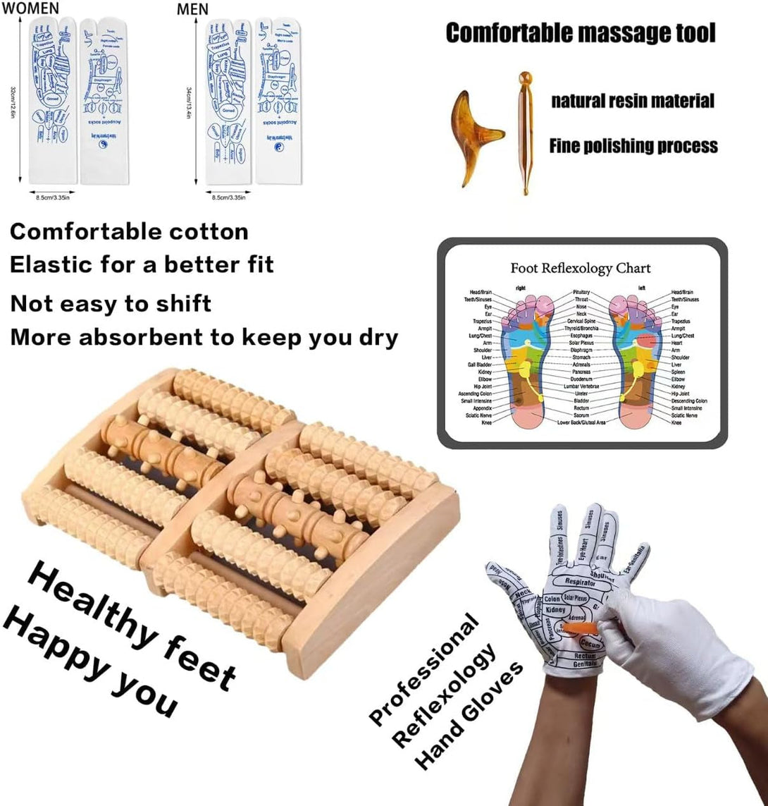 Reflexology Socks with Gloves Tools Set - Acupressure Foot Massager & Wooden Roller to Enhance Circulation, Relieve Pain in Wide Feet,Promote Health, Gift for Mom, Dad, or Elderly