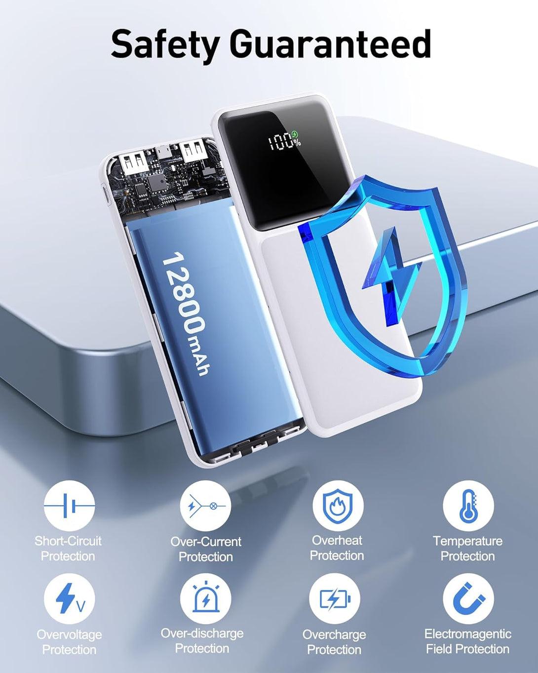 12800Mah Portable Charger with Built in Cables, 22.5W 3A High Speed Charging Travel Essentials, LED Display Slim Powerbank, 4 Outputs 2 Inputs Built-In USB C&Lightning Cables for Iphone Ipad Android