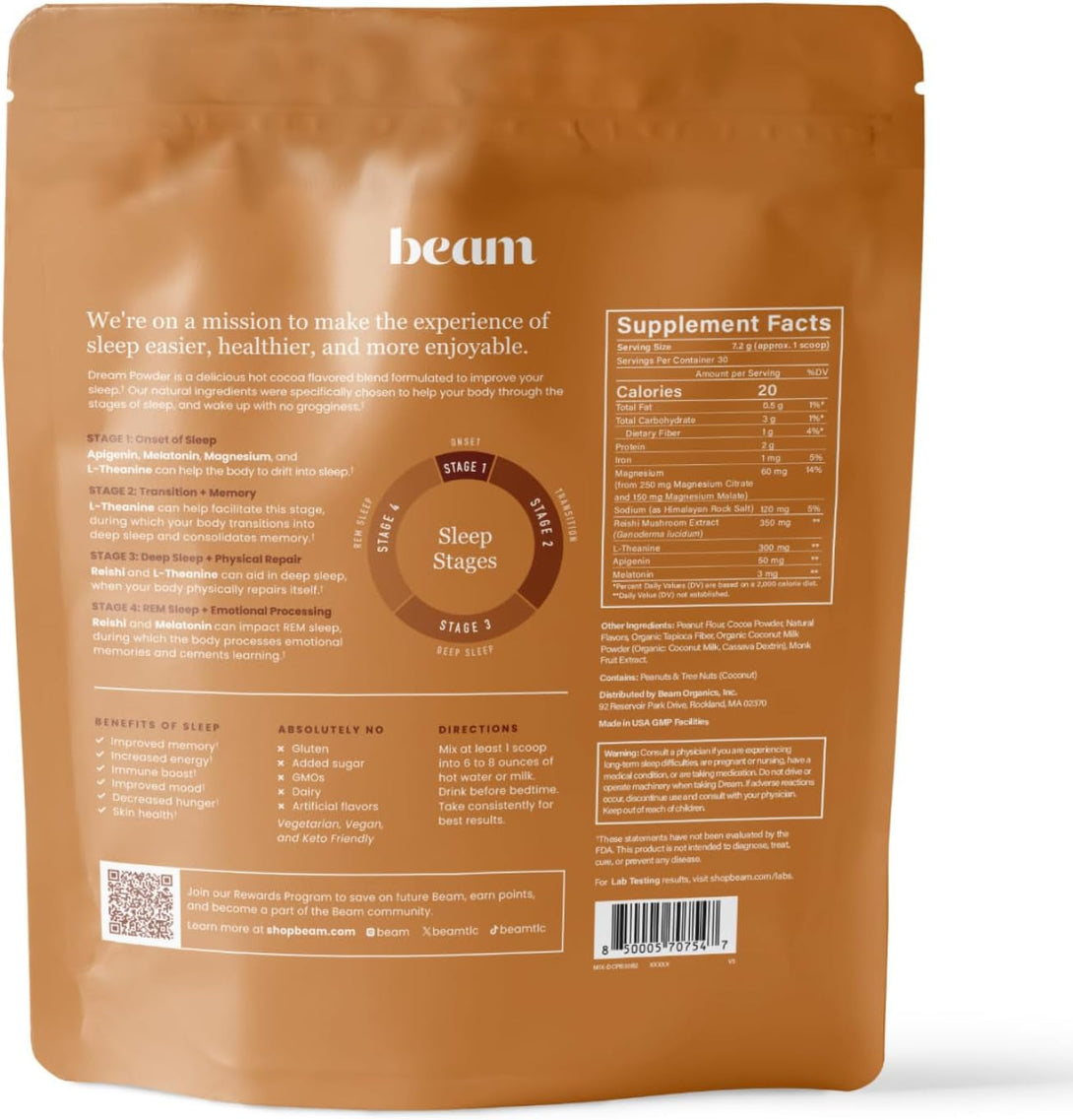 Beam Dream Sleep Powder, Natural Sleep Aid and Magnesium Hot Cocoa Drink for Adults, Calming Sleep Supplement with Apigenin, Nighttime Sleep Drink Powder, Third Party Tested Supplement, 30 Servings