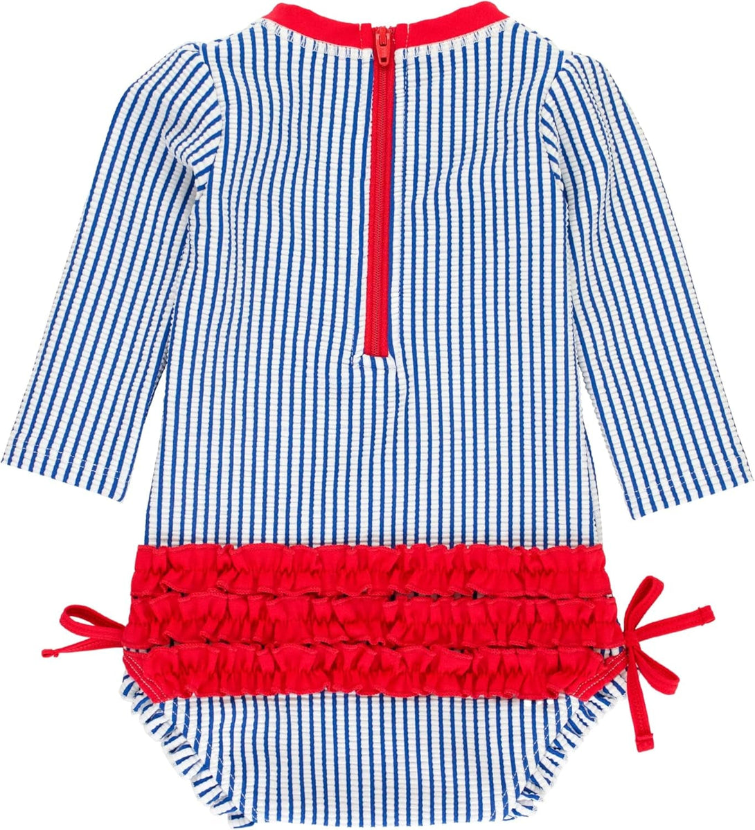 Rufflebutts Baby/Toddler Girls Seersucker Long Sleeve One Piece Rash Guard Swimsuit with UPF 50+ Sun Protection