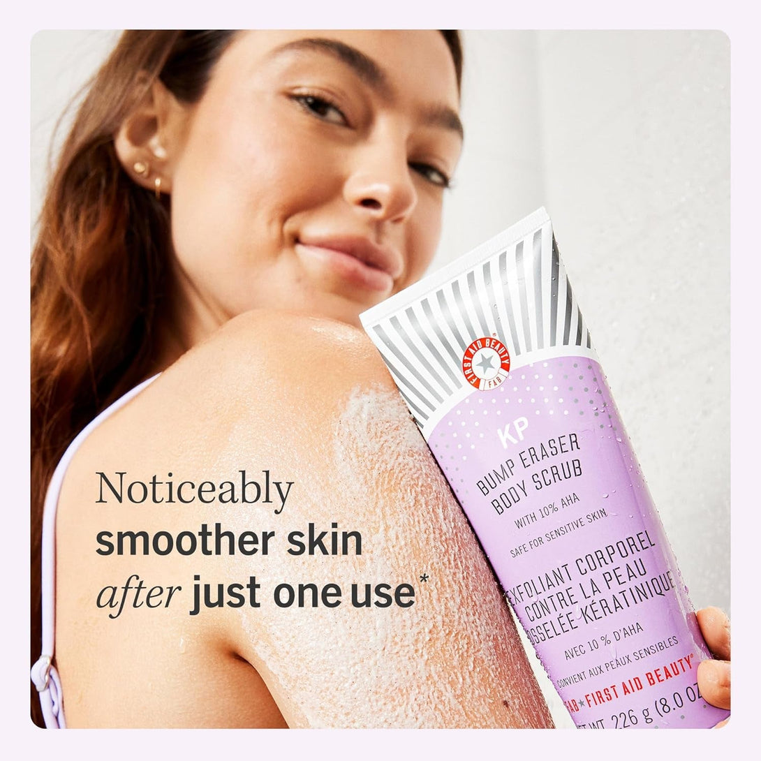 First Aid Beauty - KP Bump Eraser Body Scrub with 10% AHA, Keratosis Pilaris Skin Exfoliator with Glycolic and Lactic Acids, Helps Reduce Chicken Skin Bumps, Safe for Sensitive Skin, 2 Oz