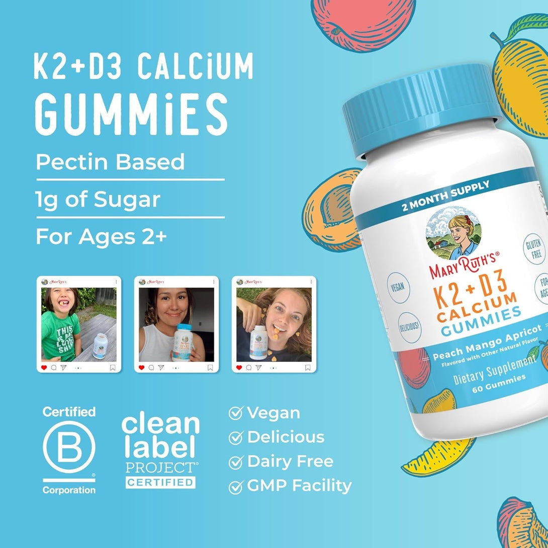 Maryruth Organics Calcium with Vitamin D & Vitamin K2, 2 Month Supply, Calcium Supplement Supports Bone Health & Joint Support, with Vitamins D3 K2 Gummies, Vegan, Non-Gmo, Gluten Free, 60 Count