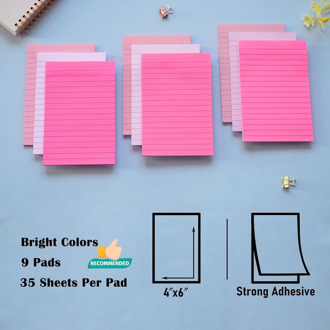 9 Pack Lined Sticky Notes 4X6 in Post Sticky Notes with Lines, Large Ruled Post Sticky Colorful Super Sticking Power Memo Pads Strong Adhesive (Pink Themed)