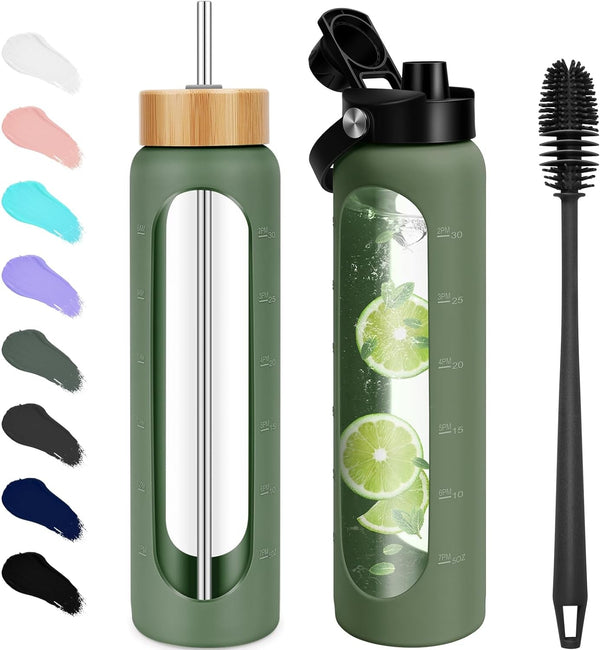 32 Oz Glass Water Bottles - 1 Liter Motivational Tumbler with Time Marker - Borosilicate Glass with Silicone Sleeve and 2 Lids, Handle Spout & Bamboo Straw Lid