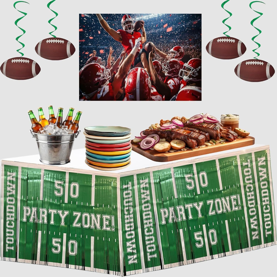 3 Pack Football Party Zone Metallic Fringe Table Skirt, Green and White, 50 Yard Line Design, Game Day Decoration, Footbale Table Decoration