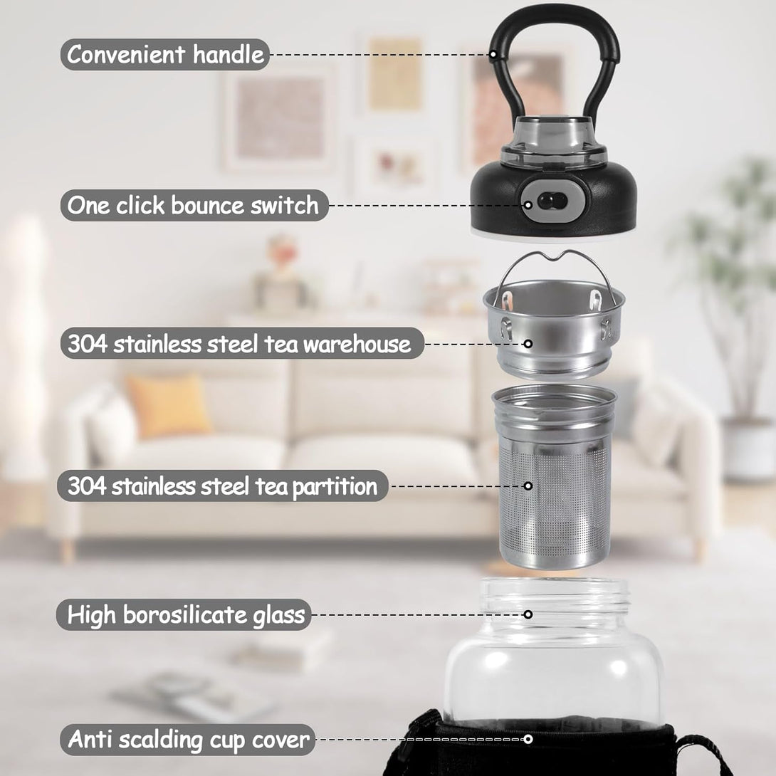 34Oz Glass Water Bottle - Large Capacity Drinking Bottles, with Time Mark, Stainless Steel Tea Strainer,Sleeve, BPA Free,For Hot or Cold Drinks, Coffee, Tea and Water (34Oz)