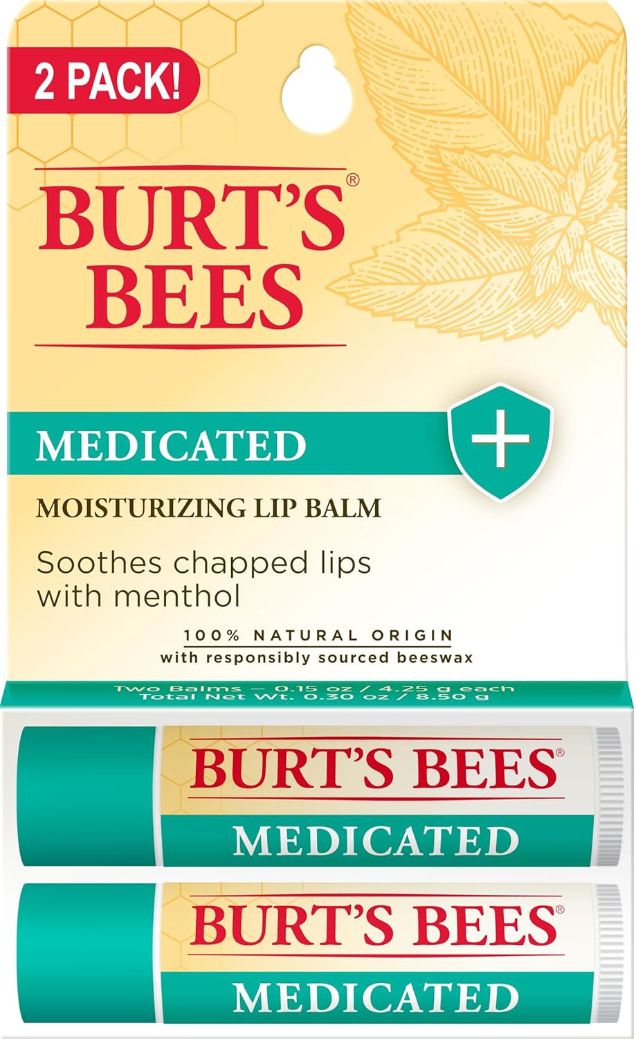 Burt'S Bees Medicated Lip Balm, with Eucalyptus Oil and Menthol, Tint-Free, Natural Origin Lip Care, 2 Tubes, 0.15 Oz.