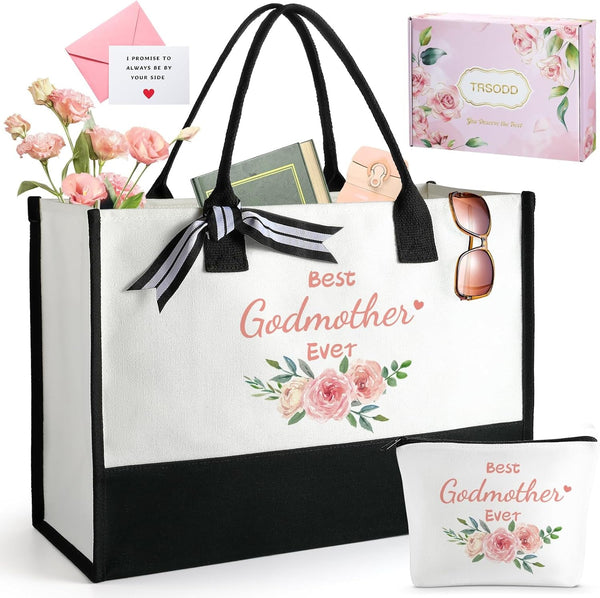 TRSODD Godmother Mothers Day Gifts from Godchild Birthday Gifts for Women Tote Bag and Makeup Bag Set