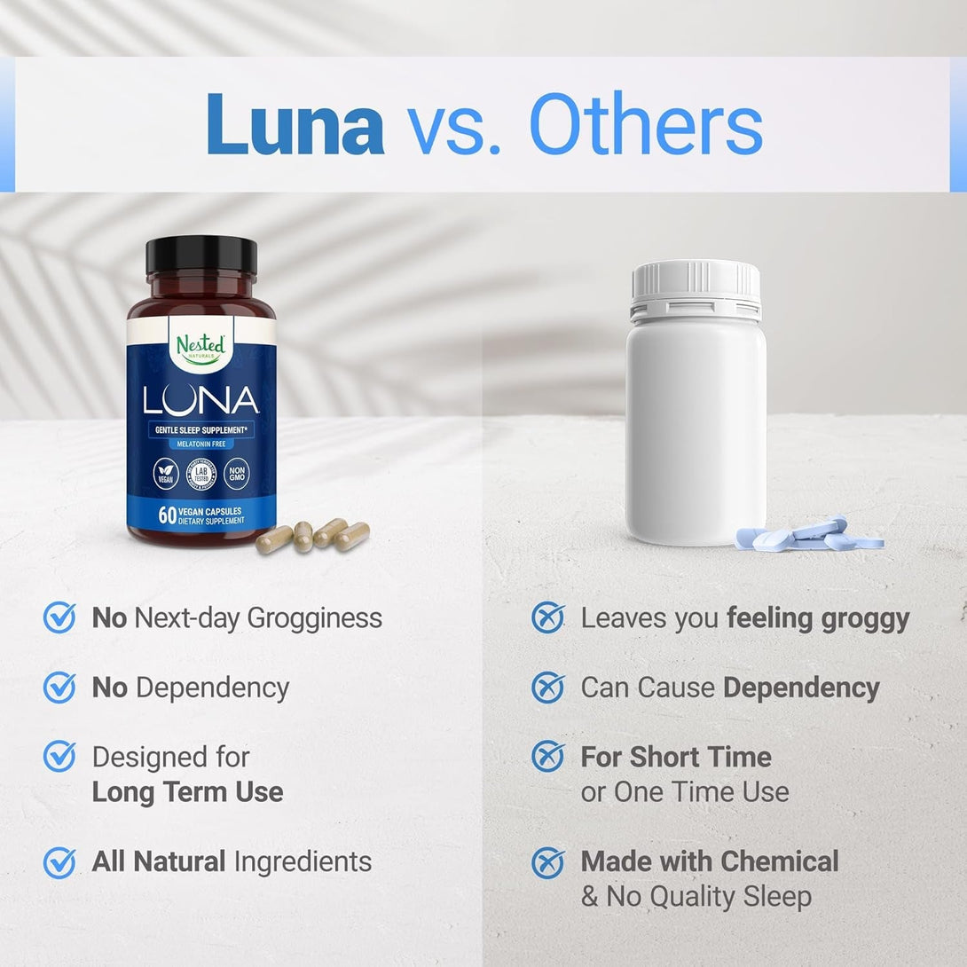 Nested Naturals Luna Sleep Supplement, Melatonin Free, Non-Habit Forming Herbal Sleep Supplement, Adult Bedtime Support, Help Sleeping W/Chamomile, Valerian, L-Theanine, 60 Vegan Capsules