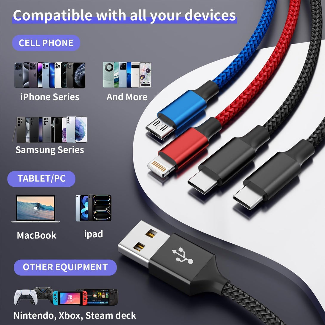 Dual Type-C 4 in 1 Charging Cable 2Pack 5FT, Multi Charging Cable for Multiple Devices, Universal USB Cable with Ip/Micro/Dual USB-C Port Compatible Iphone16/15/14 Series, Cell Phones Tablets Pads