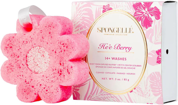 Spongellé He'E Berry Hawaiian Buffer | Body Wash Infused Sponge with Awapuhi & Kukui Nut Oil | Exfoliates & Hydrates | 14+ Uses