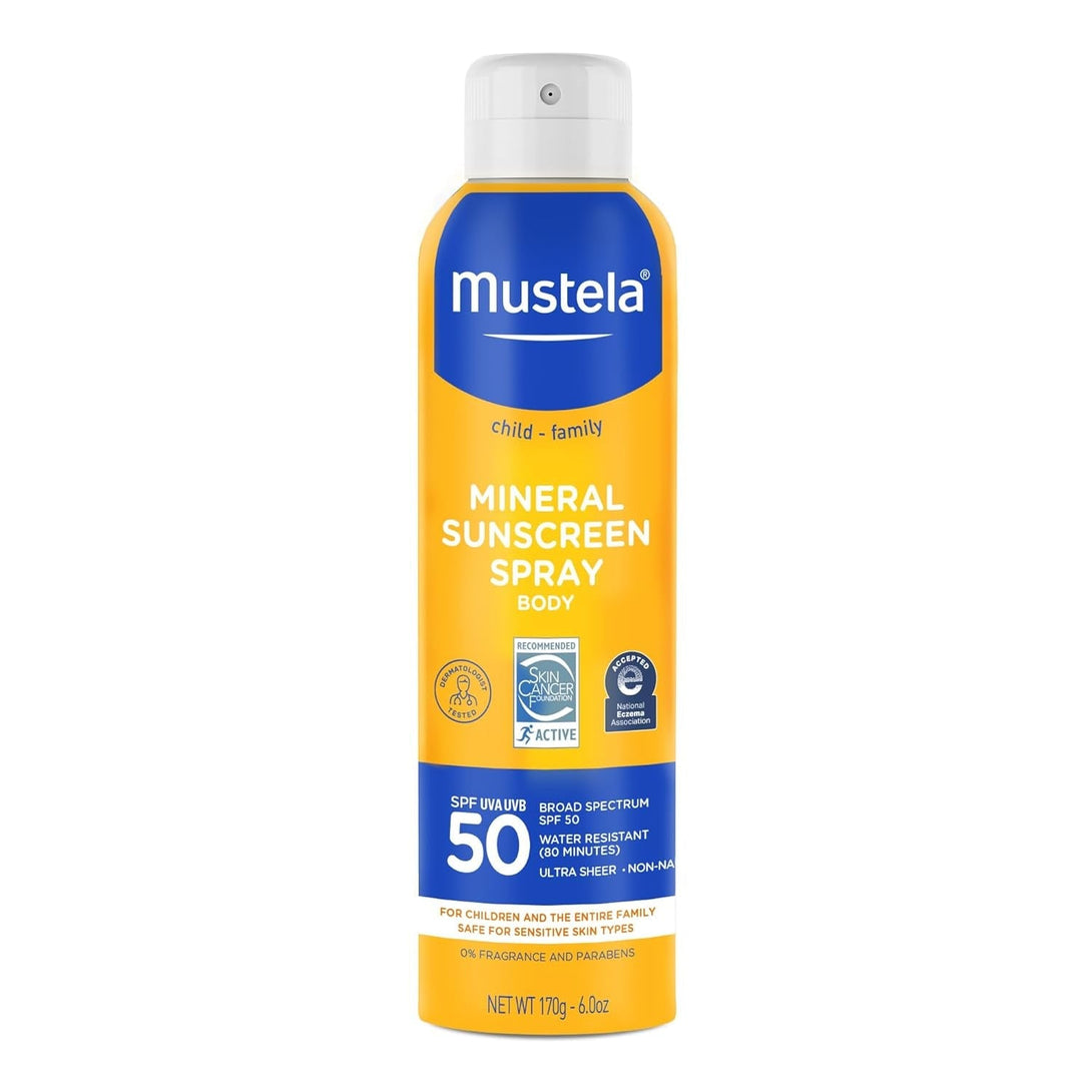 Mustela Baby Mineral Sunscreen Spray SPF 50 Broad Spectrum - Body Sun Spray for Sensitive Skin - Water Resistant & Fragrance Free - 6 Fl.Oz.