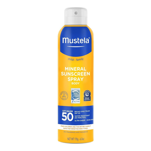 Mustela Baby Mineral Sunscreen Spray SPF 50 Broad Spectrum - Body Sun Spray for Sensitive Skin - Water Resistant & Fragrance Free - 6 Fl.Oz.