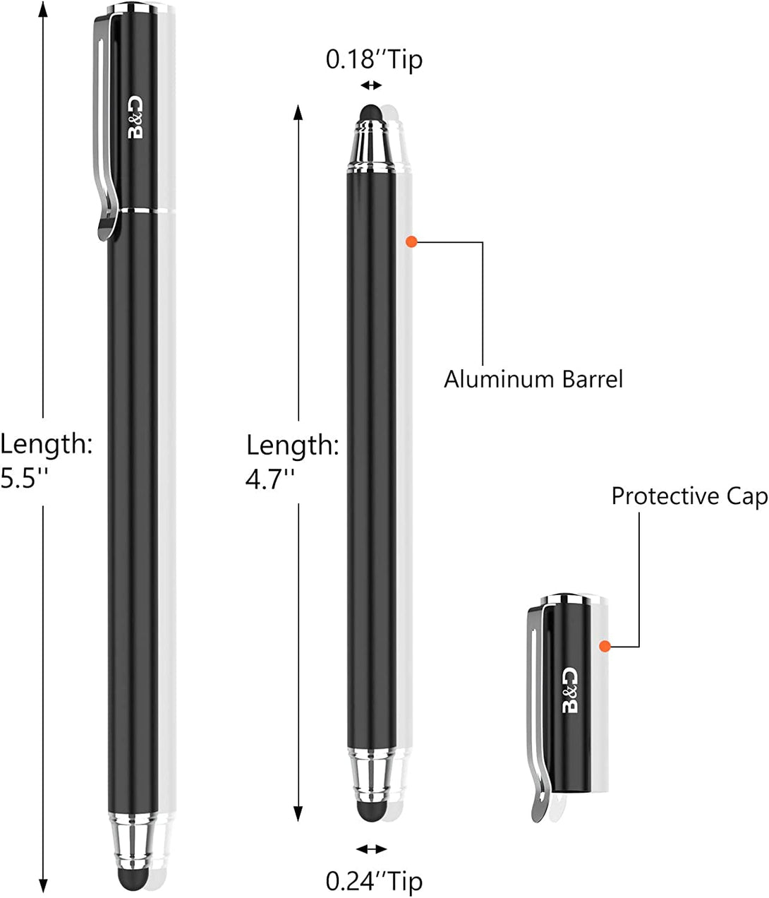 (2 Pcs)[0.18-Inch Fine Tip ] Stylus Touch Screen Pens 5.5" L Perfect for Drawing Writing Gaming Compatiable with Apple Ipad Iphone Samsung Tablets and All Other Touch Screens