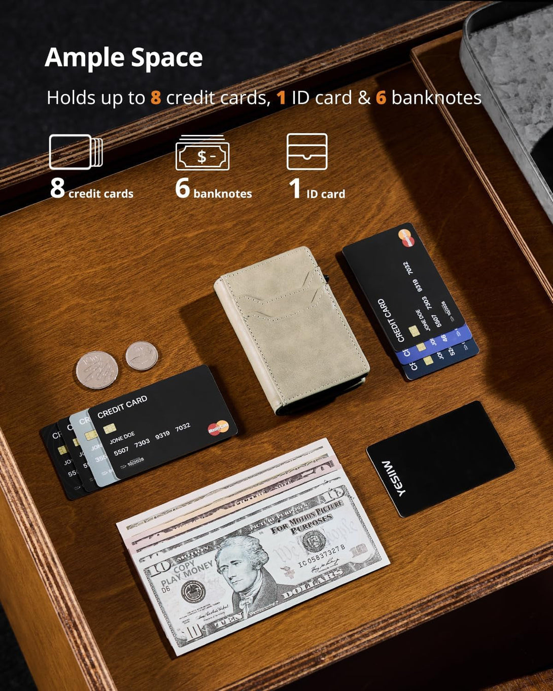 YESIIW Wallet for Men - Mens Wallet Slim with RFID Protection Pop up Card Holder Minimalist Wallets with ID Window Gifts for Men and Dad Light Beige