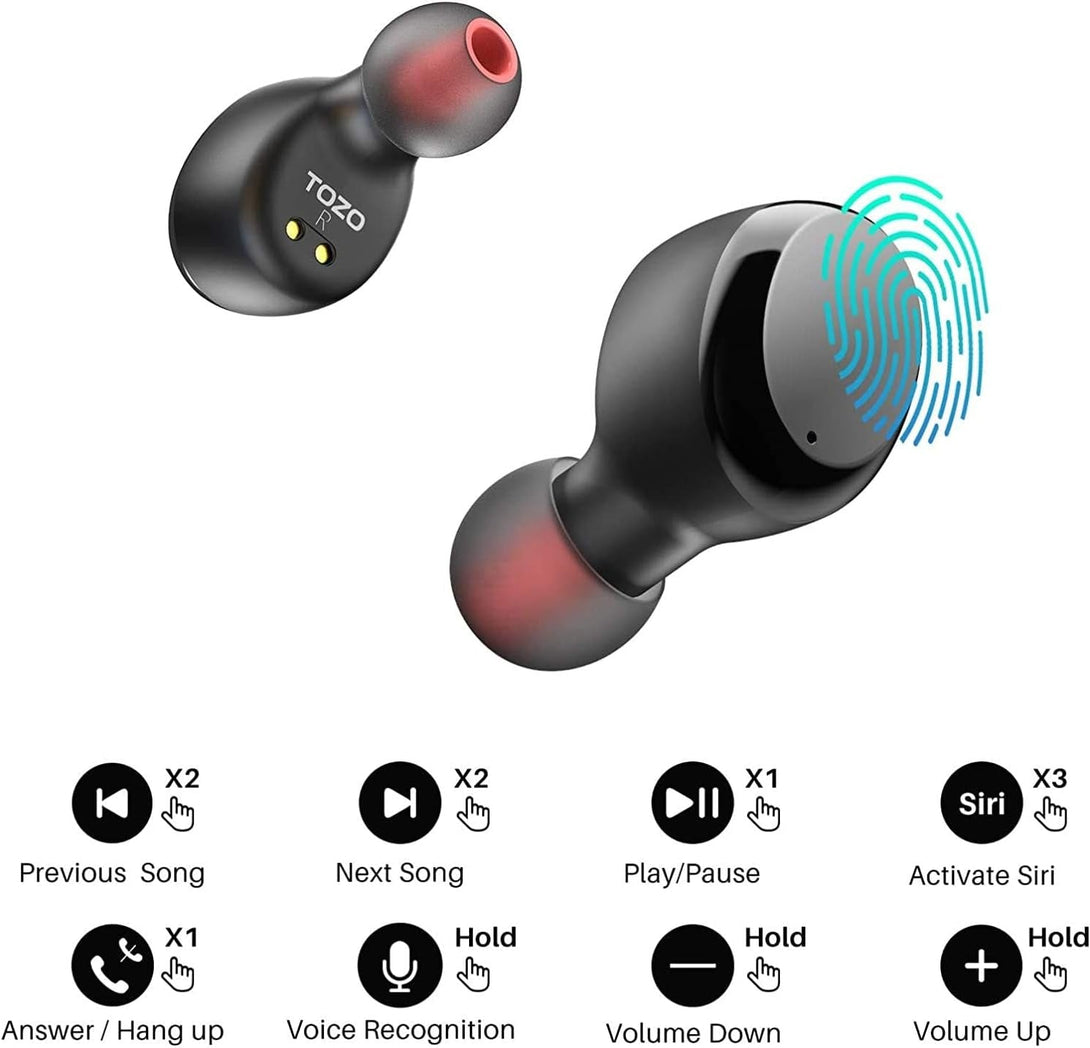 TOZO T6 True Wireless Earbuds Bluetooth 5.3 Headphones 50H Long Playtime, Wireless Charging Case, IPX8 Waterproof Stereo Earphones, Built-In Mic Calls, Headset Premium Deep Bass 32 Preset Eqs via APP