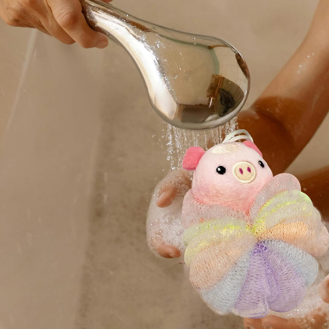 BETITETO Bath Sponges 2Pieces Kids Cute Cartoon Animal Bath Loofahs Pouf Mesh Balls Body Scrubber Bathing Accessories Gifts for Children Women (Bee + Pig)