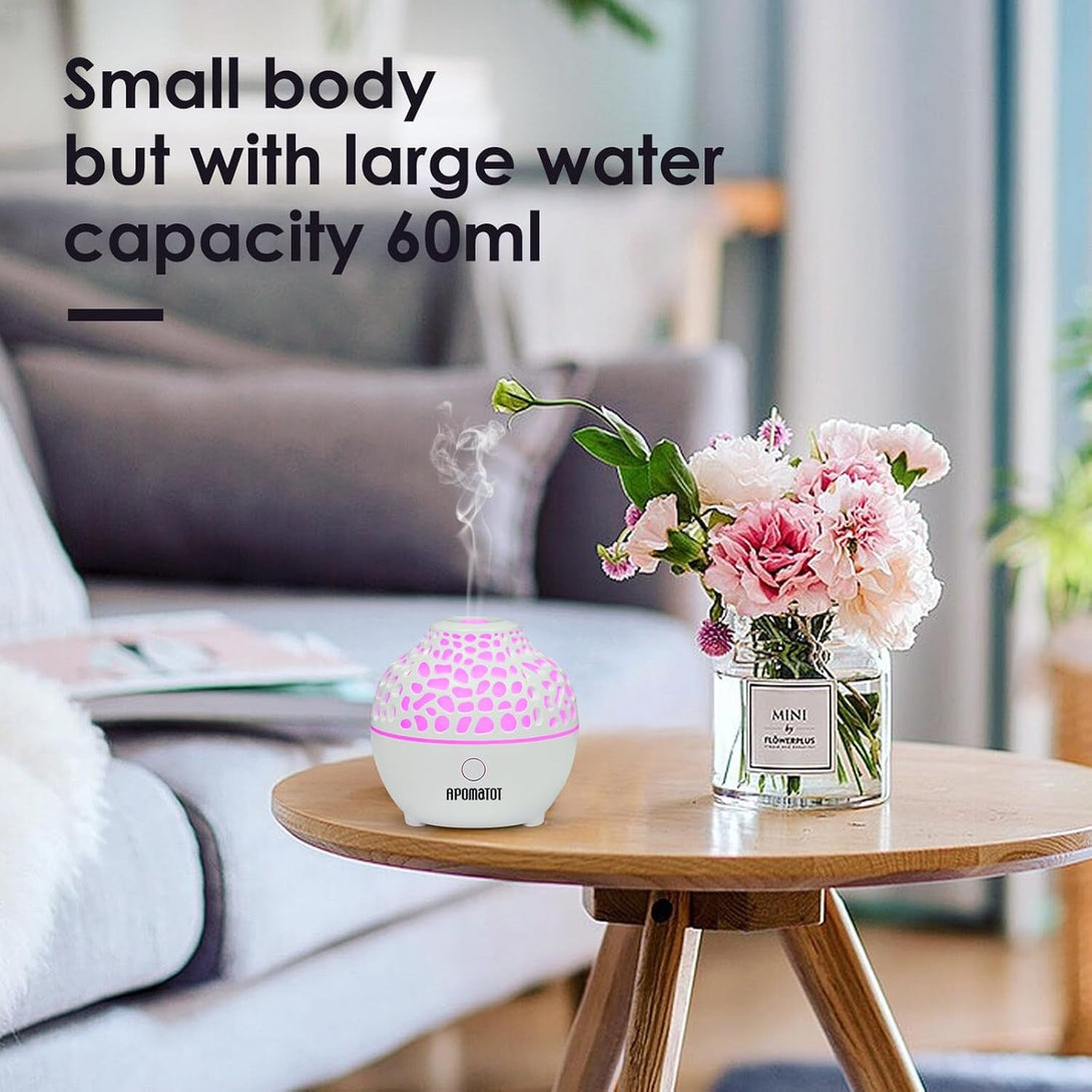 APOMOTOT 2 Pack Essential Oil Diffuser,Mini Portable Aromatherapy Diffusers,60Ml Cool Mist Humidifier with USB 7 LED Light Color,Waterless Auto Shut-Off for Gift Home Office Room