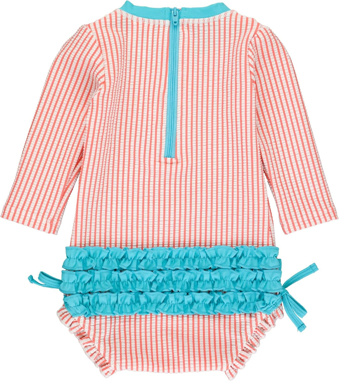 Rufflebutts Baby/Toddler Girls Seersucker Long Sleeve One Piece Rash Guard Swimsuit with UPF 50+ Sun Protection