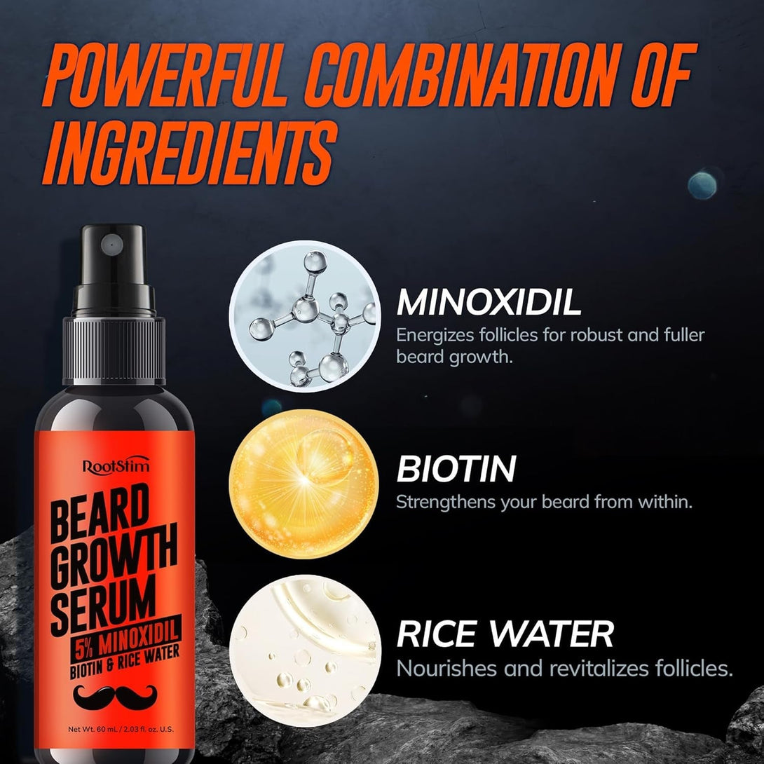 5% Minoxidil Beard Growth Serum for Men: 5% Minoxidil Hair Regrowth Spray with Biotin & Rice Water - Extra Strength Beard Oil for Faster Thicker and Fuller Beard Growth - 2.03 Fl Oz