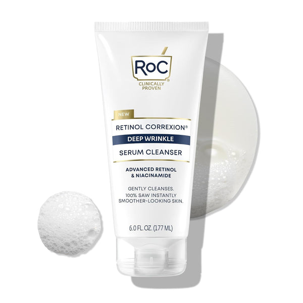 Roc Retinol Correxion Deep Wrinkle Serum Facial Cleanser with Niacinamide for Anti-Aging and Fine Lines, Long-Wear Makeup Remover, Fragrance Free Skin Care, Opthalmologist Tested, 6 Ounces