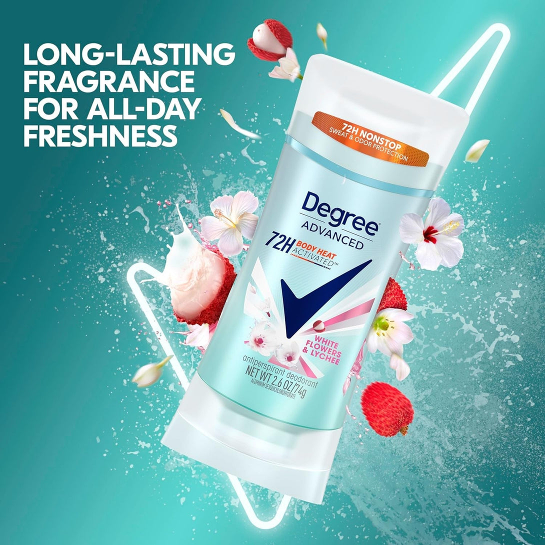 Degree Advanced Protection Antiperspirant Deodorant White Flowers & Lychee for 72-Hour Sweat & Odor Control for Women, with Body Heat Activated Technology, 2.6 Oz