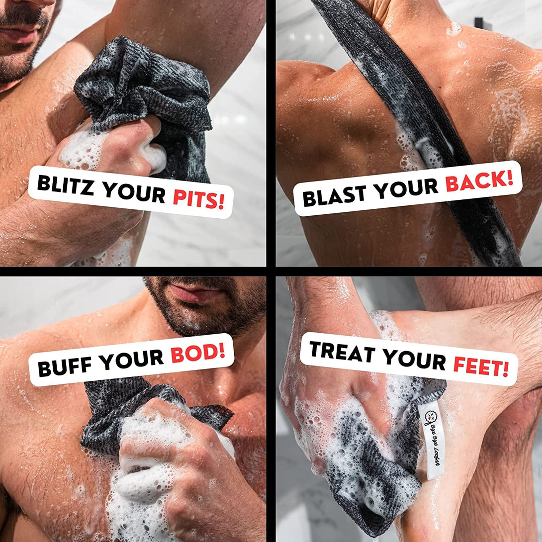 Extra Rough Exfoliating Washcloth - Extreme Body & Back Scrubber for Shower, Extra Long, Hygienic Exfoliator Wash Cloth, Men or Women, 2 Count Pack, 1 Black & 1 Grey Color, Bye Bye Loofah