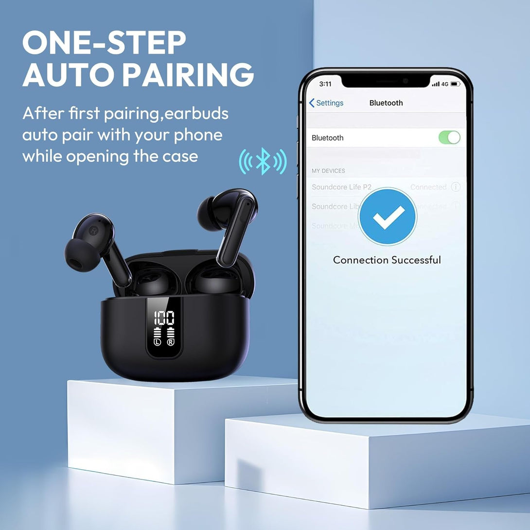 Earbuds Wireless Bluetooth Ear Buds 60H Playback LED Power Display Headphone Wireless Bluetooth IPX5 Waterproof In-Ear Earbuds with Mic for TV Smart Phone Laptop Computer Sports (Black)