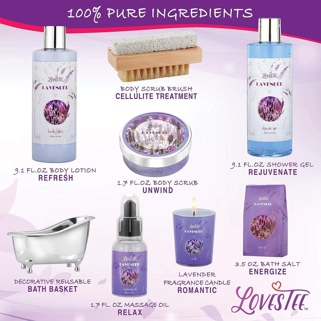 Monthers Day Gifts, Relaxing Lavender Spa Gift Baskets for Wome Birthday, Bath and Body Set-Kit Includes Candle, Essential Oil, Body Scrub, Bath Salt, Body Lotion, Shower Gel and Body Scrub Brush