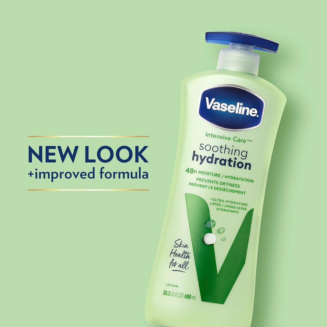 Vaseline Intensive Care Body Lotion Soothing Hydration for Dry Skin with Ultra-Hydrating Lipids + 1% Aloe Vera Extract to Refresh Dehydrated Skin 20.3 Oz