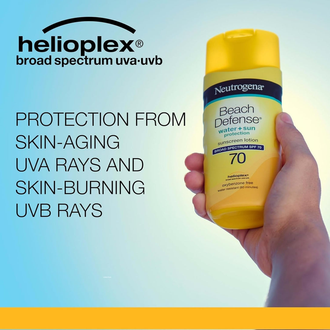 Neutrogena Sunscreen Lotion Beach Defense SPF 70, 6.7 Fl Oz, Face and Body Sunscreen, Oil Free, Fast Absorbing, Oxybenzone Free Sun Care