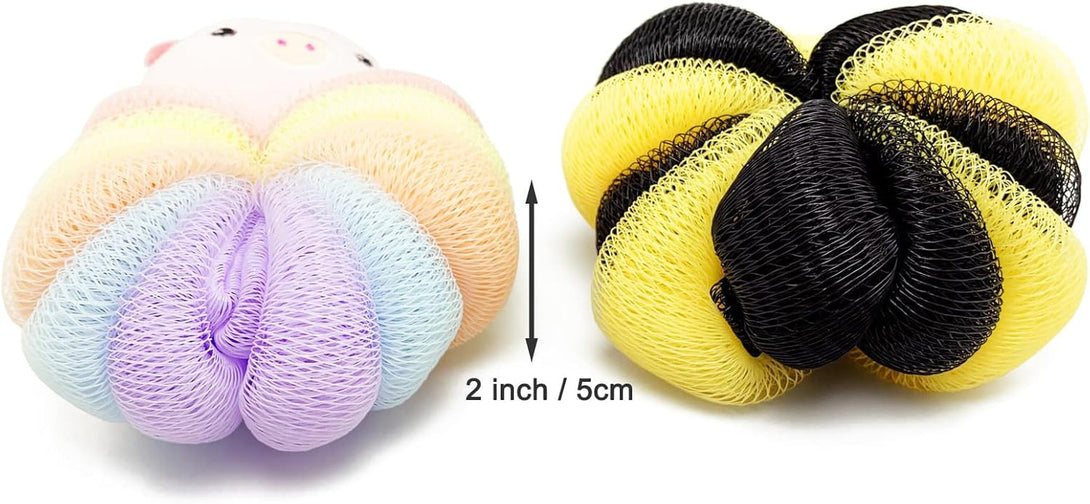 BETITETO Bath Sponges 2Pieces Kids Cute Cartoon Animal Bath Loofahs Pouf Mesh Balls Body Scrubber Bathing Accessories Gifts for Children Women (Bee + Pig)