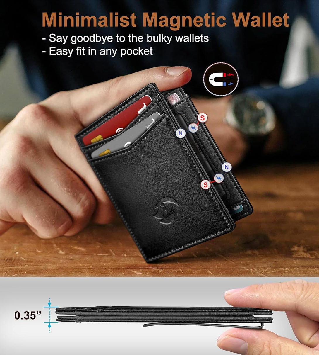 Magnetic Closure Slim Wallet for Men with Money Clip Gift Boxed,Genuine Leather Front Pocket Wallet, 3.9"X 2.7", RFID Blocking