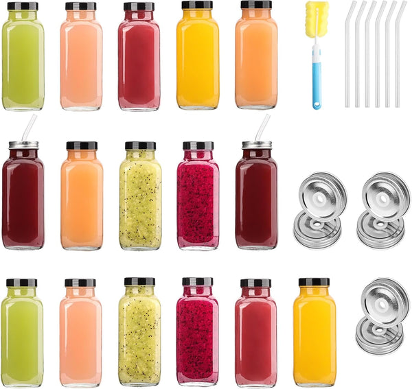 16 Pack 16 OZ Glass Juice Bottles with Airtight Lids & 4 Straws & 6 Lids W Hole, Reusbale Clear Glass Homemade Drinking Jars, Glass Bottles for Juicing, Smoothies, Water, Milk, Kombucha