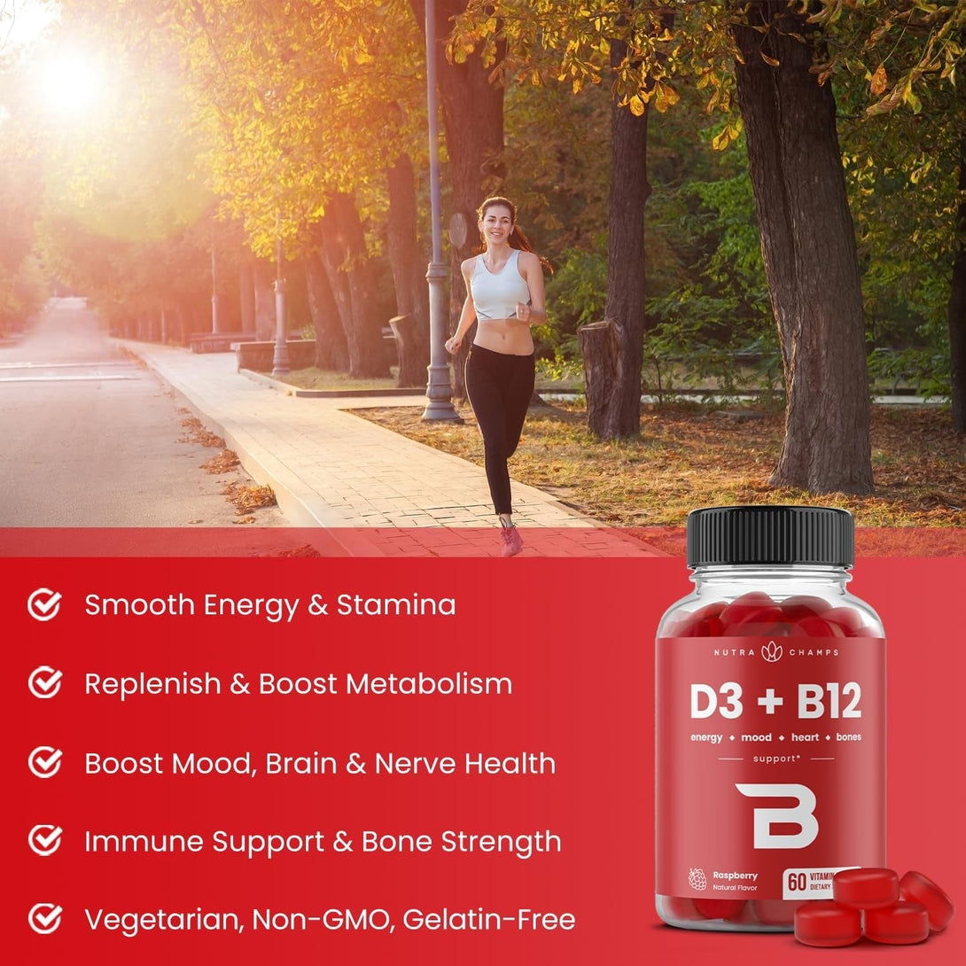 Nutrachamps Vitamin D3 & B12, Methyl B12 Gummies for Adults & Kids, Enhanced with Vitamin D 3 & B9 Vitamin Folate, Natural Energy, Mood, Metabolism & Focus, Raspberry, 60 Gummies