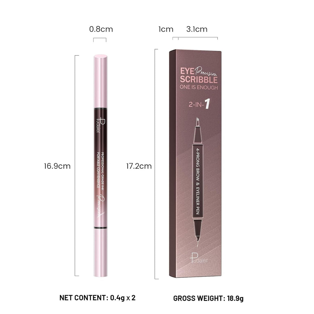 2-In-1 Curved Eyebrow Pen and Eyeliner with 10Pcs Brow Stencils, Microblading Eyebrow Pencil with 4 Fork-Tip and Curved Precise Tip, Waterproof and Long Lasting Eyebrow Pencils for Women, Dark Brown