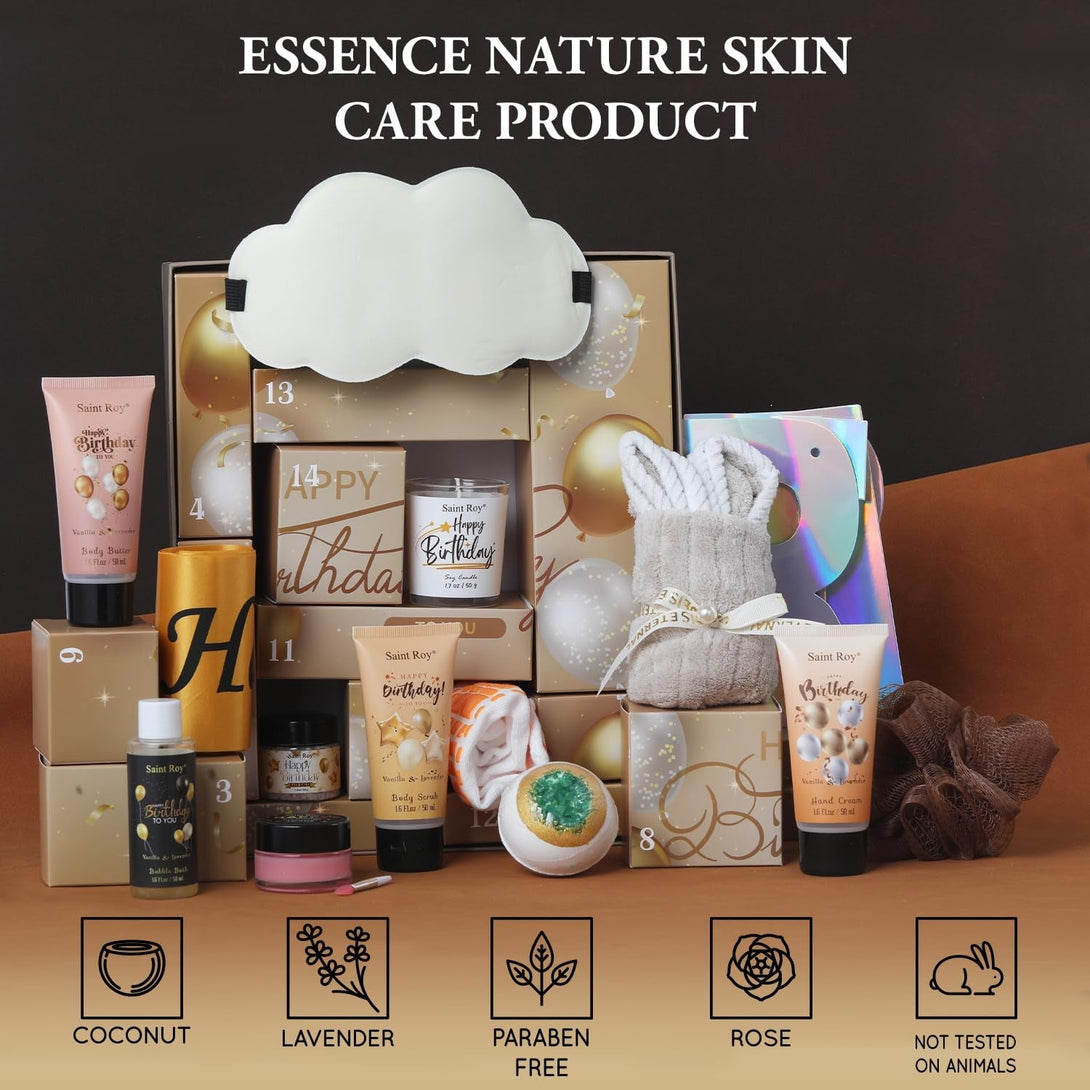 Birthday Gifts for Women & Men，Happy Birthday Surprise Box, 14Pcs Luxury Spa Gifts, Gift Box for Mens Unique with Hand Cream, Holiday Advent Calendar, Skin Care Gift Sets for Birthday